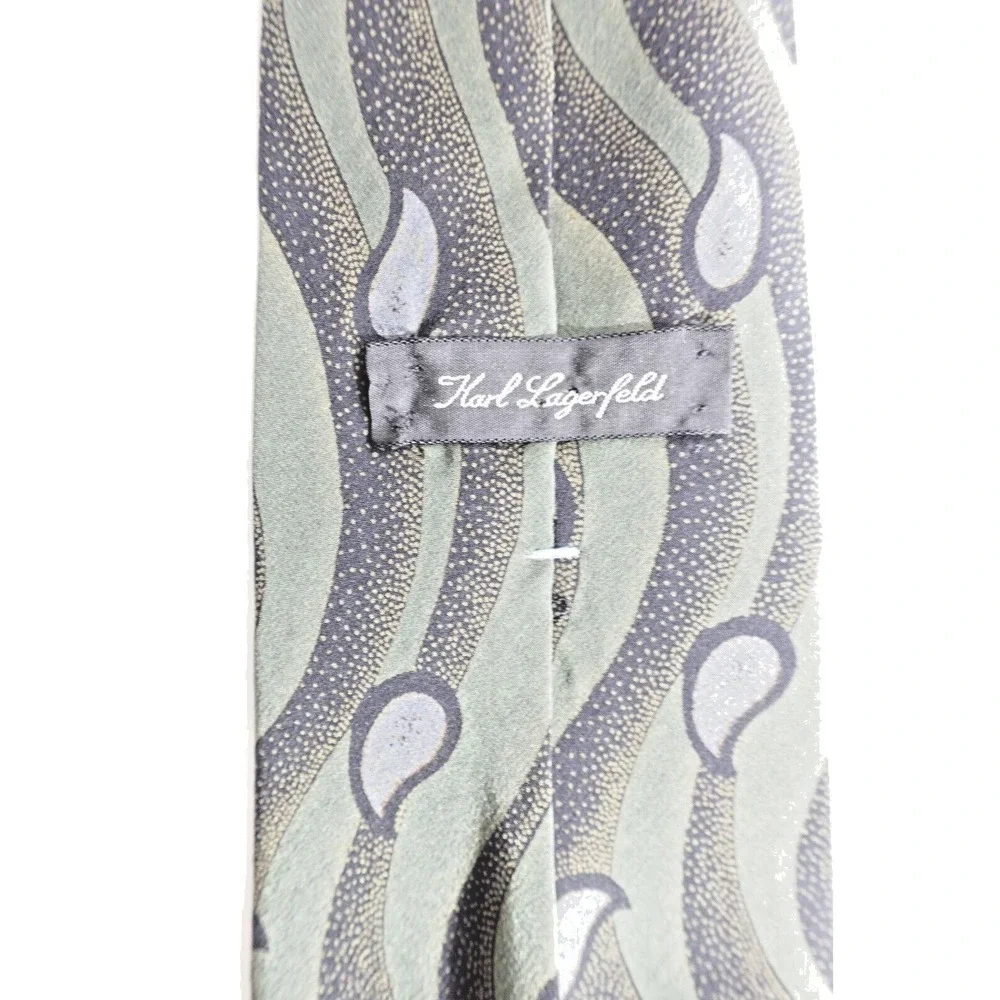Vintage Karl Lagerfeld Tie Abstract Green Grey Teardrop 100% Silk Art to‎ Wear